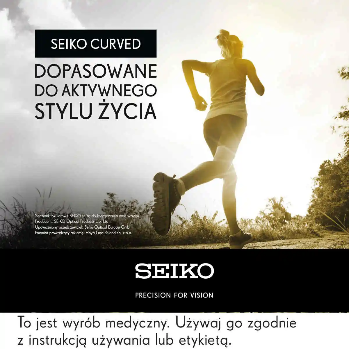 SEIKO Curved – Soczewki stworzone dla aktywnych i w ruchu Kobieta biegnąca w okularach – soczewki SEIKO Curved do aktywnego stylu życia