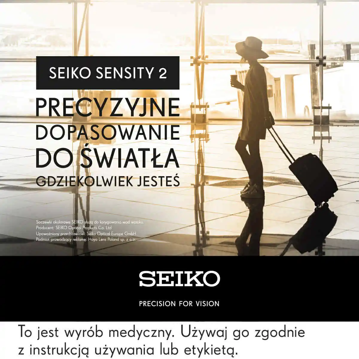 SEIKO Sensity 2 – Soczewki fotochromowe dopasowane do każdego światła Kobieta z walizką w okularach SEIKO Sensity 2 – soczewki dopasowujące się do światła