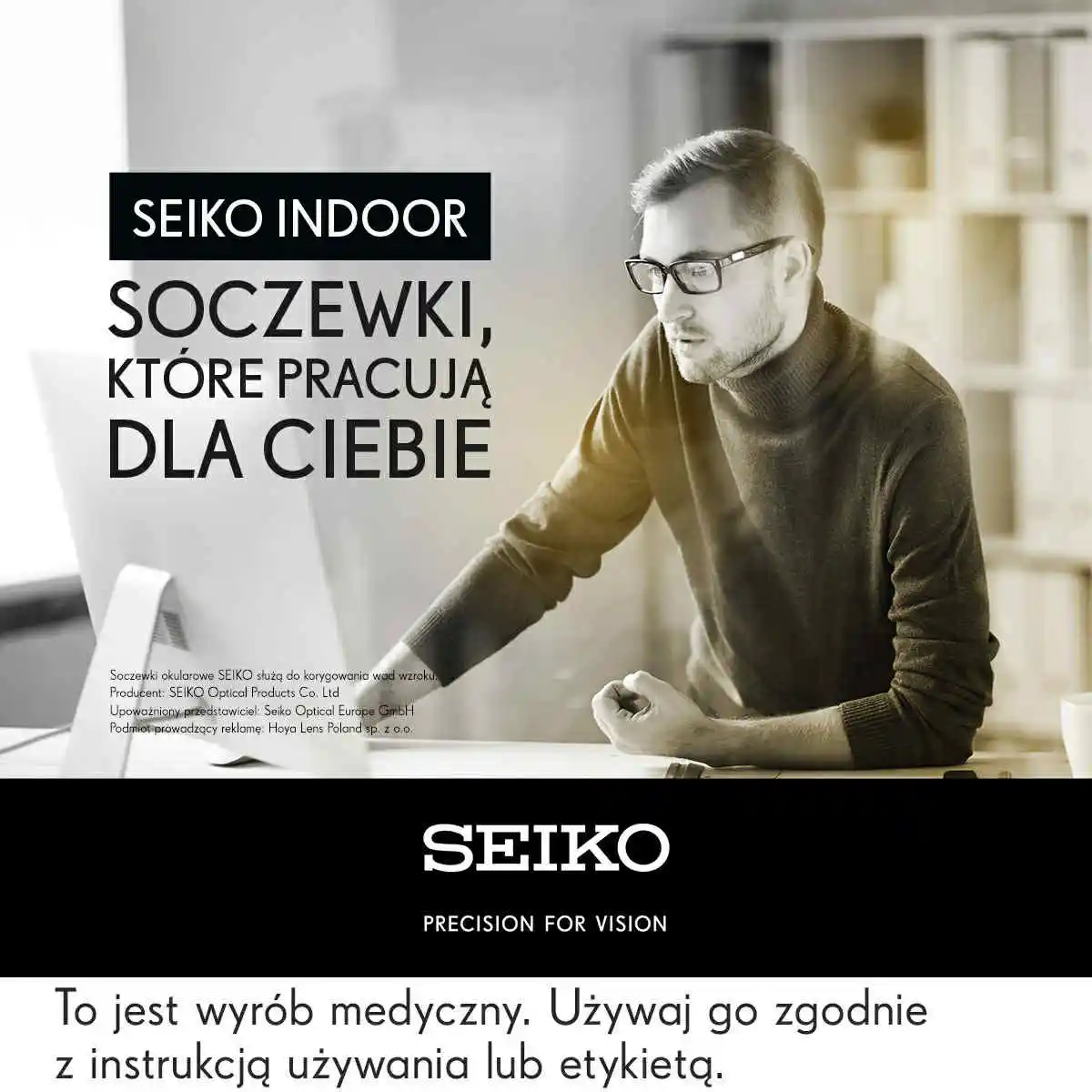Seiko Indoor – Soczewki dla pracy przy komputerze iw biurze Mężczyzna w okularach SEIKO Indoor – komfortowe widzenie przy komputerze